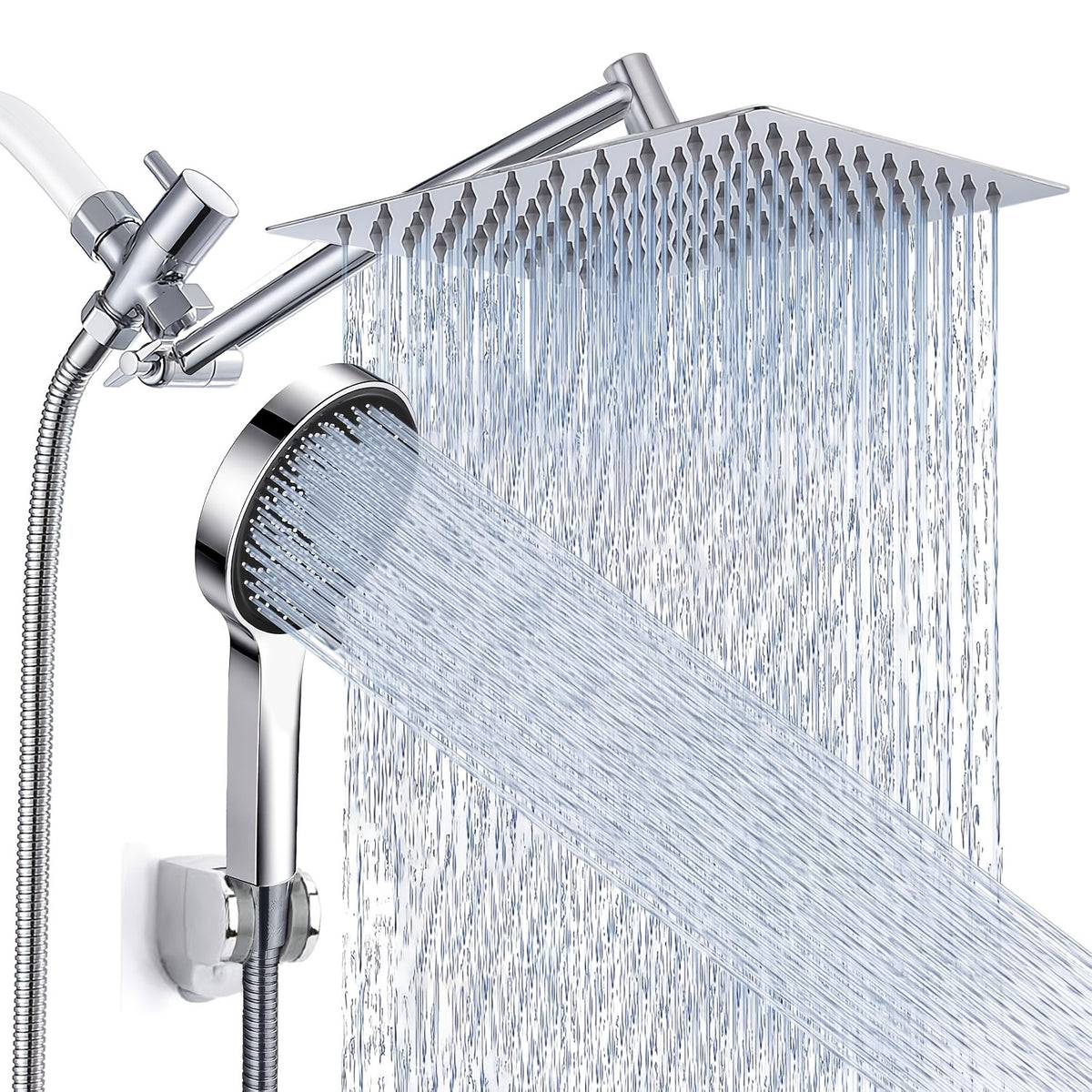 High Pressure Rainfall Handheld Shower Head Combo with 11-Inch Extension Arm 9 Spray Settings Anti-Leak Height Angle Adjustable Chrome Matte Black