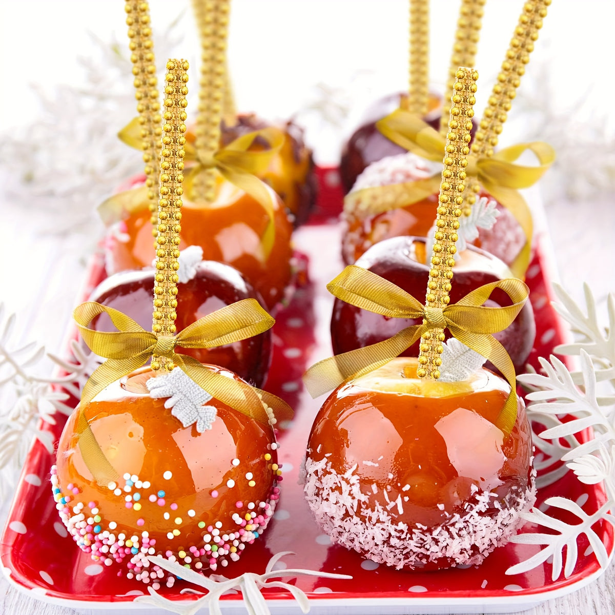 Candy Apple Sticks Bling Caramel Apple Wooden Skewers with Gift Bags & Glitter Ribbons - 25 or 49 Pack Decorative Cake Pop Sticks for Party Supplies, Halloween, Holidays, Silvery & Golden