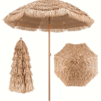 7.5 Foot Tropical Thatch Tiki Outdoor Patio Umbrella UV Protection Push Button Tilt Manual Lift Steel Pole Iron Frame Poolside Garden Backyard