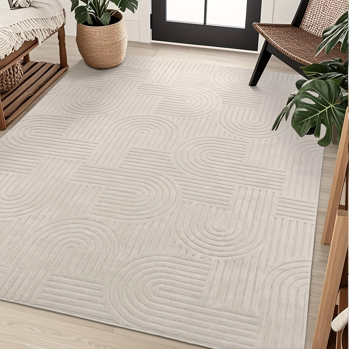 Soft Fluffy Arch Pattern Area Rug – Non-Slip Washable High-Low Pile Geometric Carpet for Living Room, Bedroom & Dining Room, Beige, Multiple Sizes
