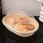 Oval Woven Rattan Bread Basket with Lid – Handcrafted Seagrass Food Basket for Serving, Storage & Display – Ideal for Bread, Fruit & Vegetables – Kitchen & Dining Decor, Tea & Beige