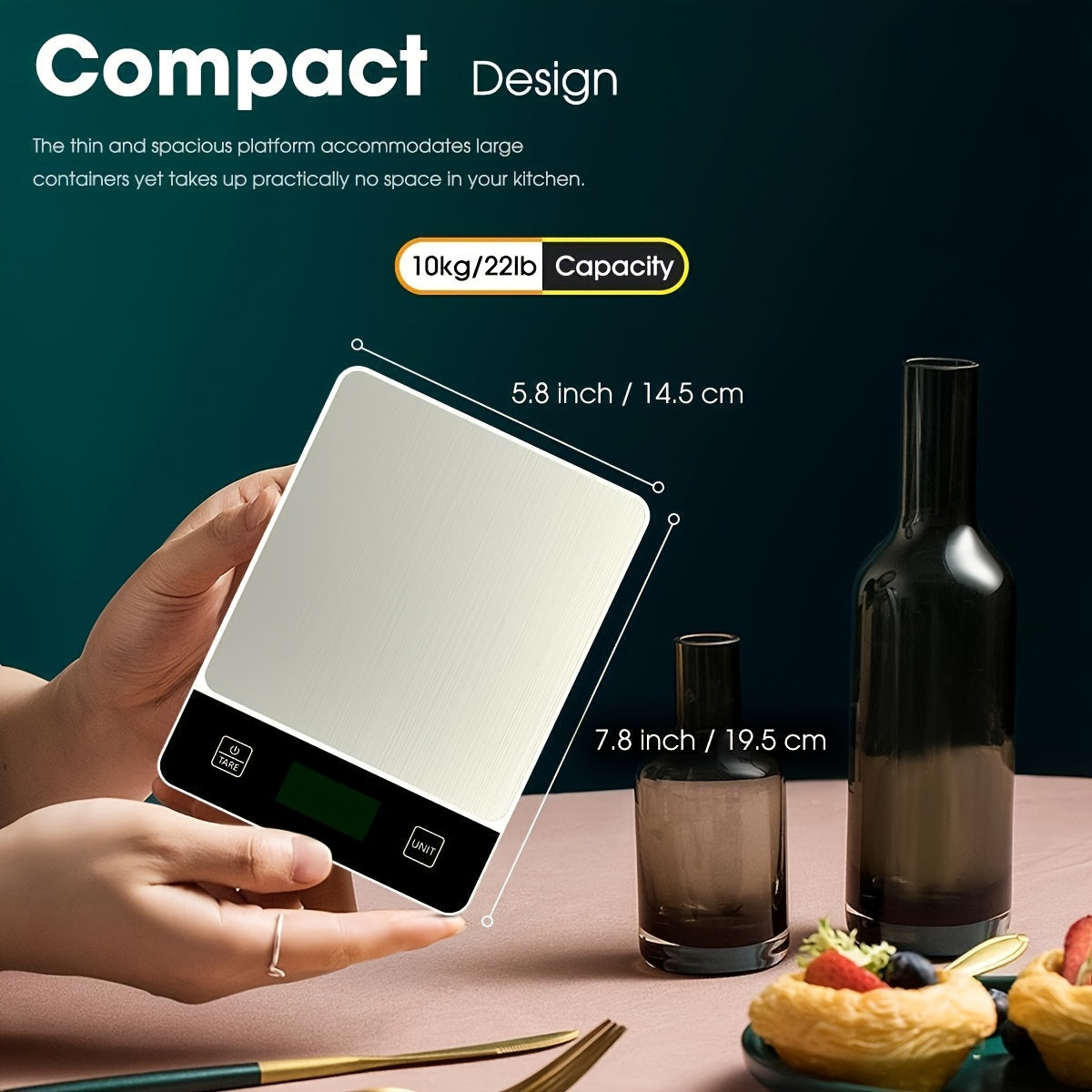 Digital Kitchen Scale 10kg/22lb – Precise 0.1g Accuracy, Stainless Steel, Tare Function for Baking & Cooking