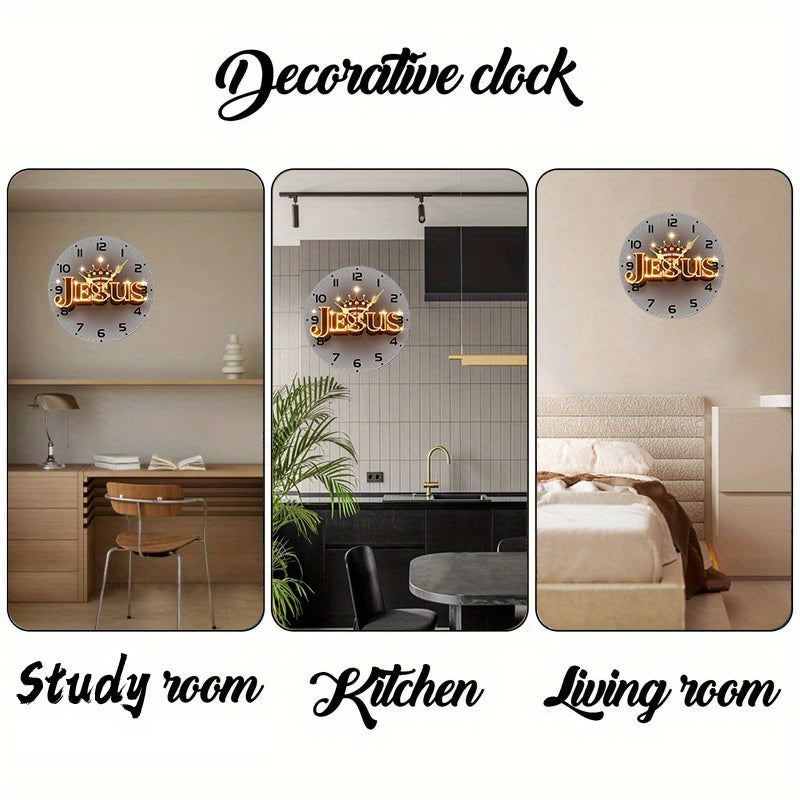 10-Inch Silent Wall Clock with Golden Crown Design – Round Wooden Frameless Battery Operated Decorative Clock for Living Room, Bedroom, Kitchen & Office, Aesthetic Religious Gift