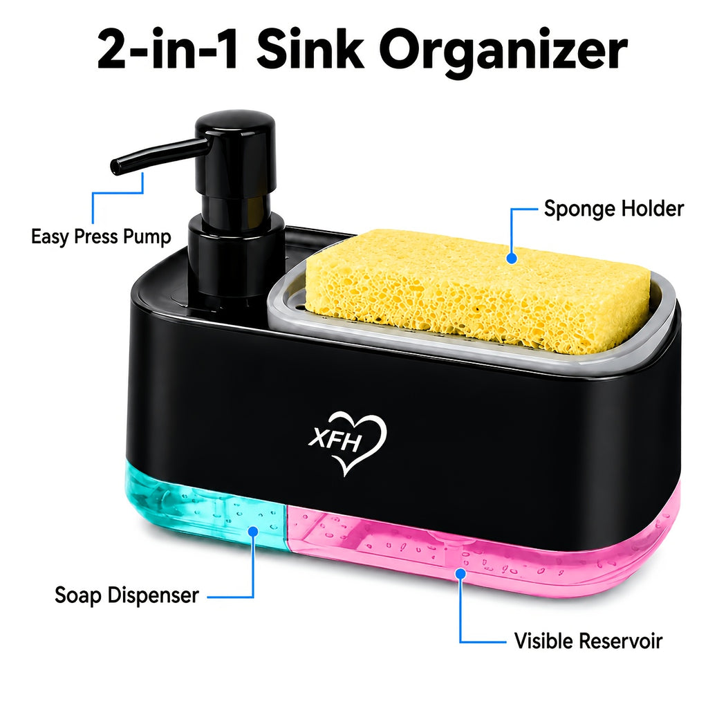 Kitchen Soap Dispenser with 2 Sponges & Dish Brush Holder | BPA-Free Refillable Transparent Pump Dispenser for Sink | Compact Square Design | Black or White