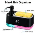 Kitchen Soap Dispenser with 2 Sponges & Dish Brush Holder | BPA-Free Refillable Transparent Pump Dispenser for Sink | Compact Square Design | Black or White