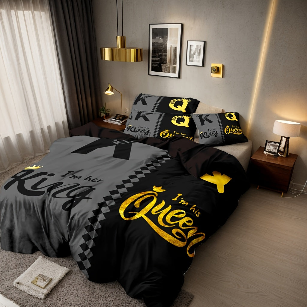 Valentine's Day Duvet Cover Set 3pcs – Crown Queen & King Print Soft Breathable Polyester Bedding, Machine Washable, Includes Duvet Cover & 2 Pillow Covers, Romantic Gift for Couples