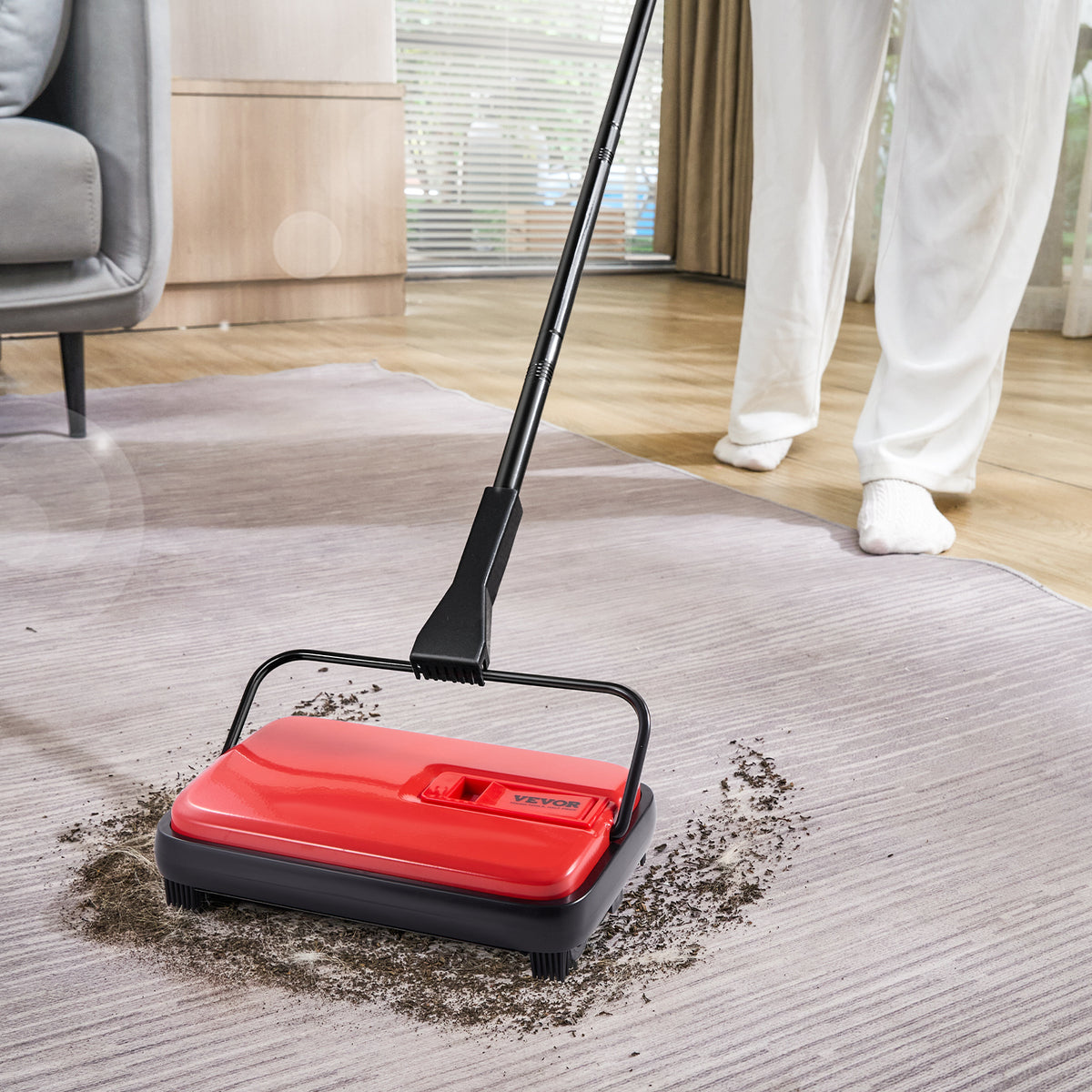 Manual Carpet Sweeper No Battery Needed 300ml Dustbin 180° Rotating Head Floor Sweeper for Carpet Hardwood Tile Pet Hair Home Office