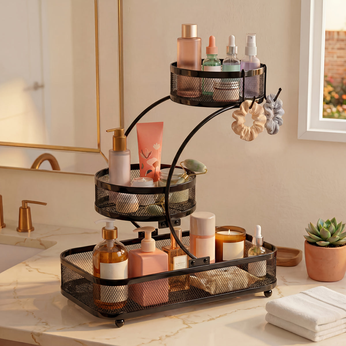 3-Tier Metal Mesh Countertop Storage Rack with Hooks, Space-Saving Organizer for Bathroom & Kitchen – Heavy-Duty Cosmetic, Perfume & Toiletry Display Stand, Black or White, Mini Available