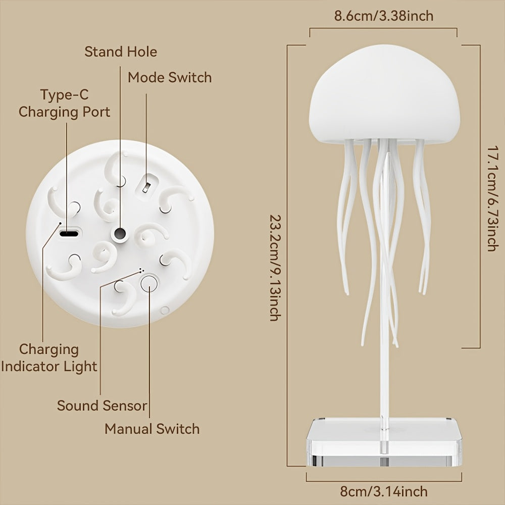 Voice-Controlled Jellyfish LED Lamp Full-Color Gradient Dimmable – 2000mAh Rechargeable Lifelike Tentacles Night Light, Freestanding or Hanging Home Decoration
