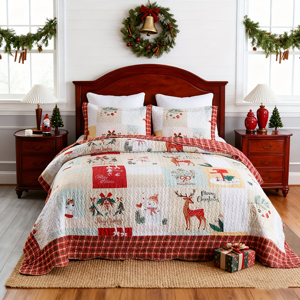 Christmas Quilt Set Queen King 3 Piece – Rustic Lodge Deer Snowman Snowflake Holiday Bedding Ensemble, Quilted Bedspread Coverlet with Pillow Shams, Machine Washable Lightweight Comforter