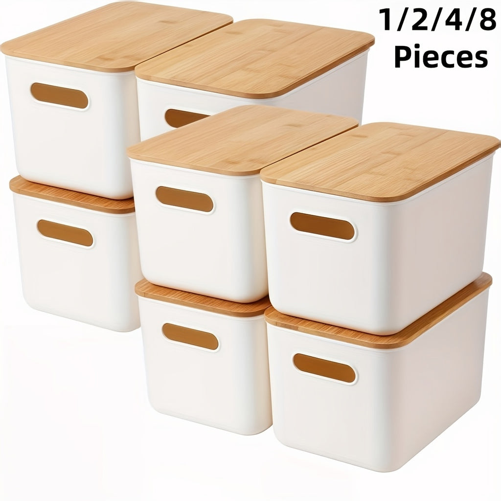 Storage Bins with Lids Wood Top, Plastic Stackable Storage Containers with Handle & Labels, Organizer Boxes for Home, Office, Bookshelf, Playroom & Medicine Cabinet, White, Set of 1/2/4/8
