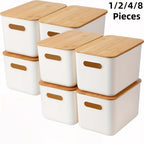 Storage Bins with Lids Wood Top, Plastic Stackable Storage Containers with Handle & Labels, Organizer Boxes for Home, Office, Bookshelf, Playroom & Medicine Cabinet, White, Set of 1/2/4/8