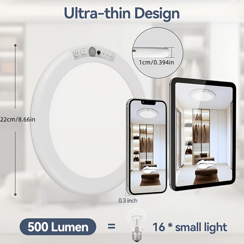Rechargeable LED Ceiling Lamp with Motion Sensor – 3 Color Modes, 10 Brightness Levels, Remote Control & Timer – Battery-Powered Semi Flush Mount for Living Room, Kitchen & Bathroom