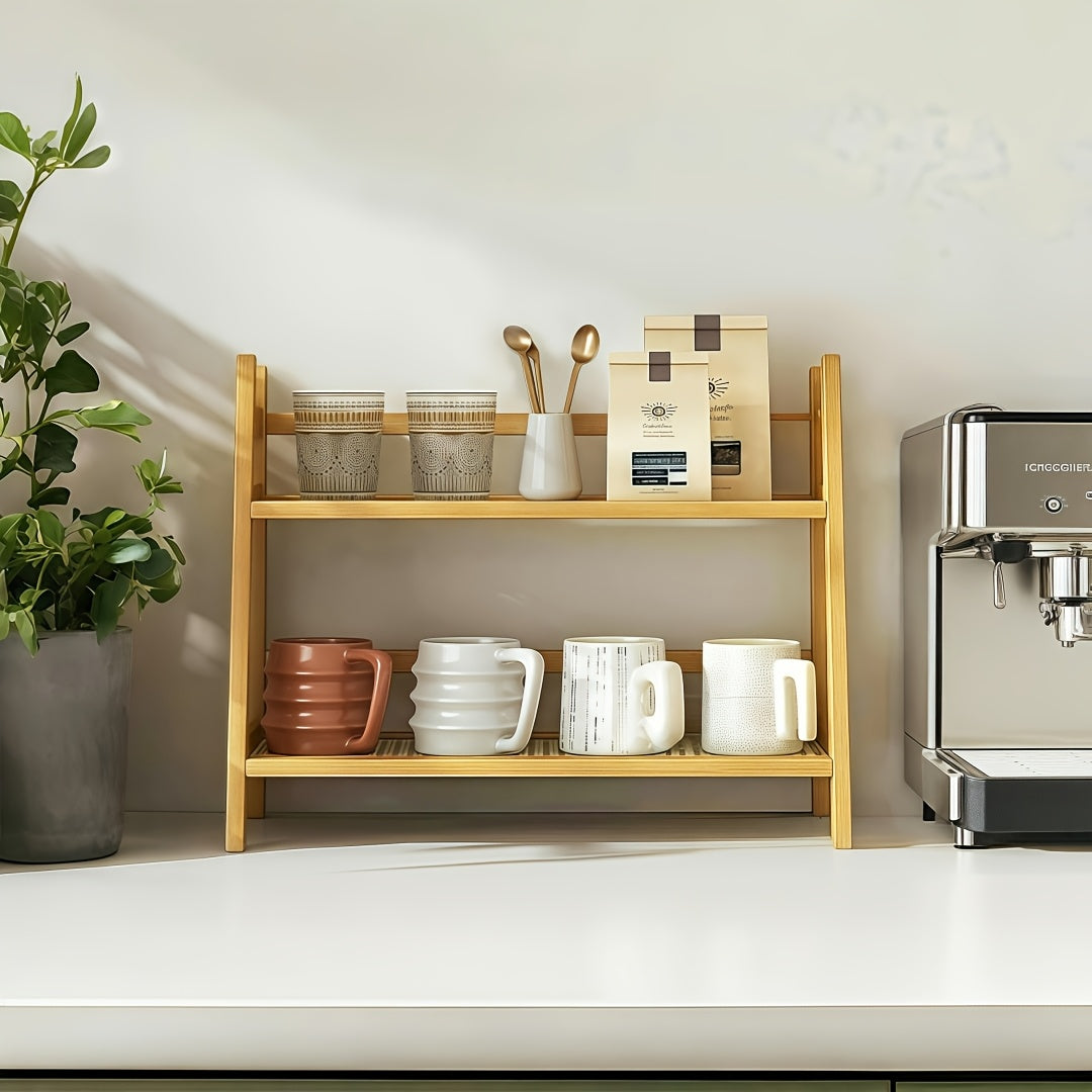 Japanese Natural Wood 2-Tier Cup Rack | Countertop Mug Organizer for Kitchen Living Room Coffee Bar