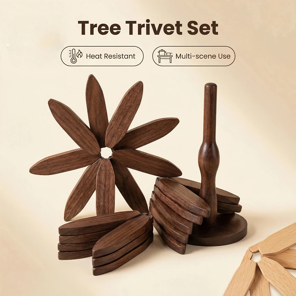 Tree Shaped Trivet Set Foldable Wooden Hot Pot Holder - Decorative Heat Resistant Trivet Mats for Kitchen Counter and Dining Table, Space Saving Stackable Leaf Trivet Set