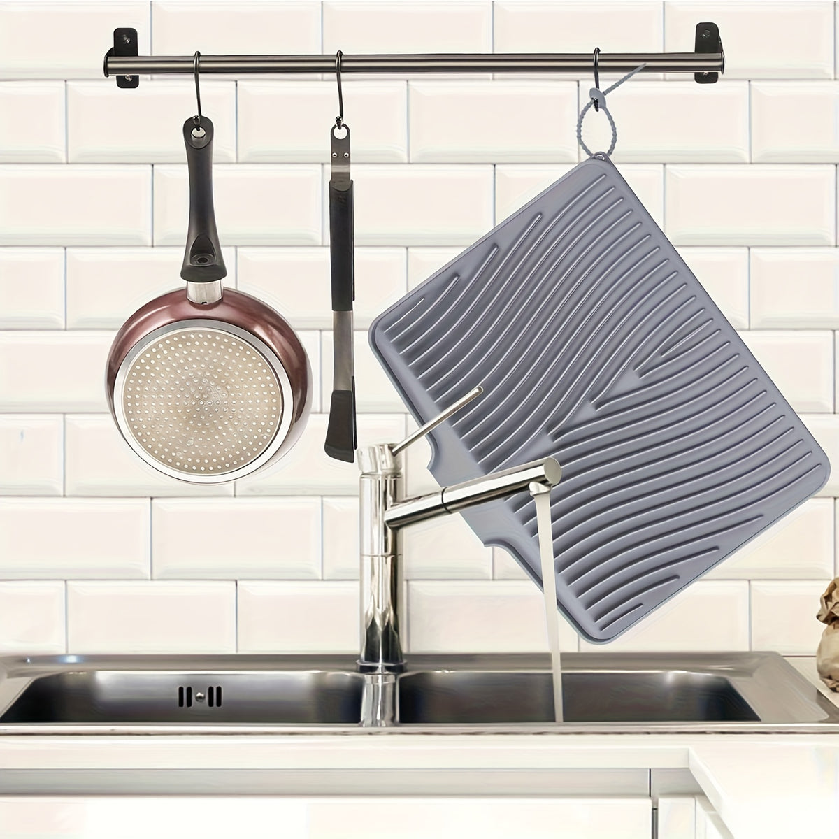 Large Silicone Dish Drying Mat & Drain Pad 34.5x19in – Slope Drainage Design, Heat Resistant, Countertop Protector for Kitchen & Bathroom