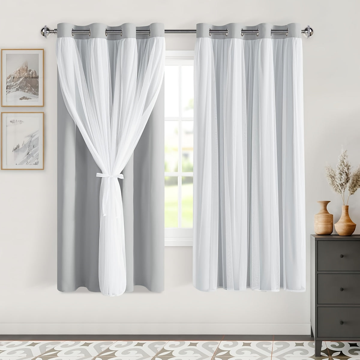 Double Layer Blackout Curtains with Sheer Overlay 2 Panels - Grommet Top Thermal Insulated Mix & Match Window Drapes with Tiebacks for Bedroom Living Room, All Season