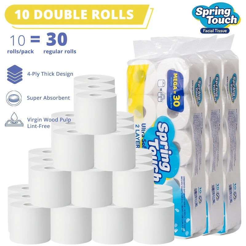 4-Ply Ultra-Soft Toilet Paper Bulk Rolls - Virgin Wood Pulp, Thick & Strong, No Flakes, Gentle on Skin, 10 / 20 / 30 Roll Packs for Home, Office & Hotel Bathrooms