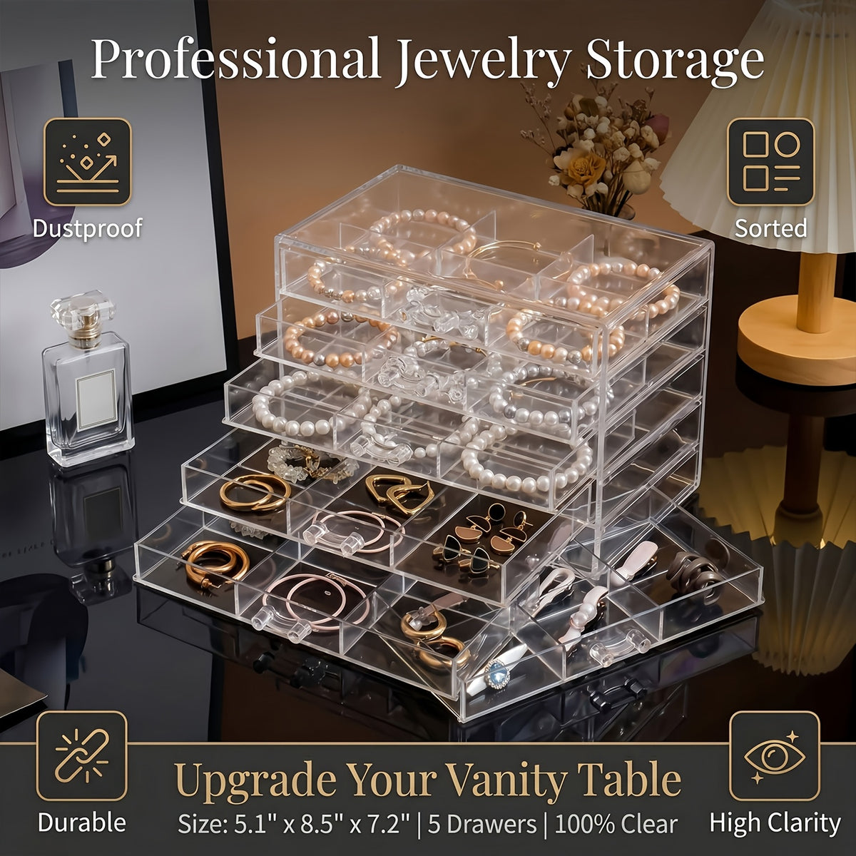 Jewelry Organizer Box Acrylic Clear with 5 Drawers & 120 Compartments, Transparent Earring Storage Box Ring Holder Display Stand for Women, Earring Organizer Jewelry Box