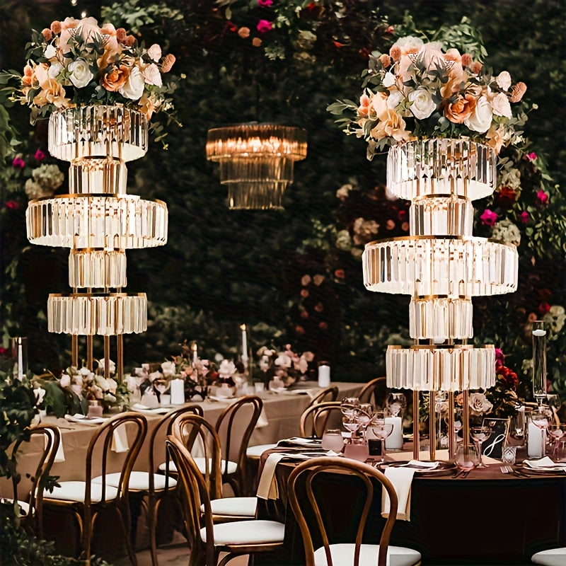 Wedding Centerpiece Flower Stand Gold Metal 5 Tier Round Chandelier Pedestal with Hanging Crystals for Wedding Table Decor T Stage Aisle Road Lead Flower Arrangement Christmas Halloween Event Decoration