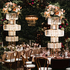 Wedding Centerpiece Flower Stand Gold Metal 5 Tier Round Chandelier Pedestal with Hanging Crystals for Wedding Table Decor T Stage Aisle Road Lead Flower Arrangement Christmas Halloween Event Decoration