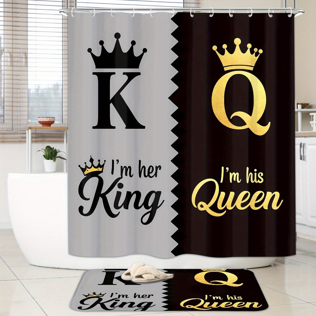 King Queen Shower Curtain Set 4pcs – Bathroom Curtain with 12 Hooks, Non-Slip Rug, Toilet U-Shape Mat & Lid Cover, Modern Bathroom Accessories