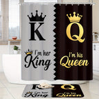 King Queen Shower Curtain Set 4pcs – Bathroom Curtain with 12 Hooks, Non-Slip Rug, Toilet U-Shape Mat & Lid Cover, Modern Bathroom Accessories