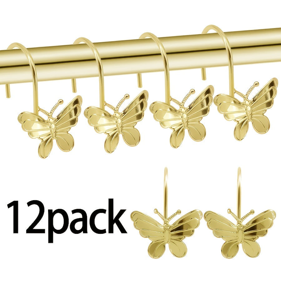 Butterfly Shower Curtain Hooks 12 Pack Decorative Metal Rings – Smooth Glide, Elegant Animal Design, Silvery, Golden & Black – Spring Bathroom Decor Curtain Rings