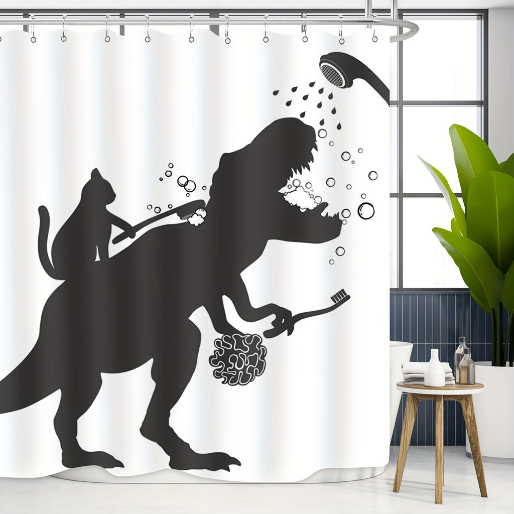 Funny Cat Dinosaur Shower Curtain - Cat Helps T-Rex Bathe Humorous Black White Bathroom Decor, Waterproof Polyester 71x71 Inch with 12 Hooks, Boys Kids Dino Novelty Curtain