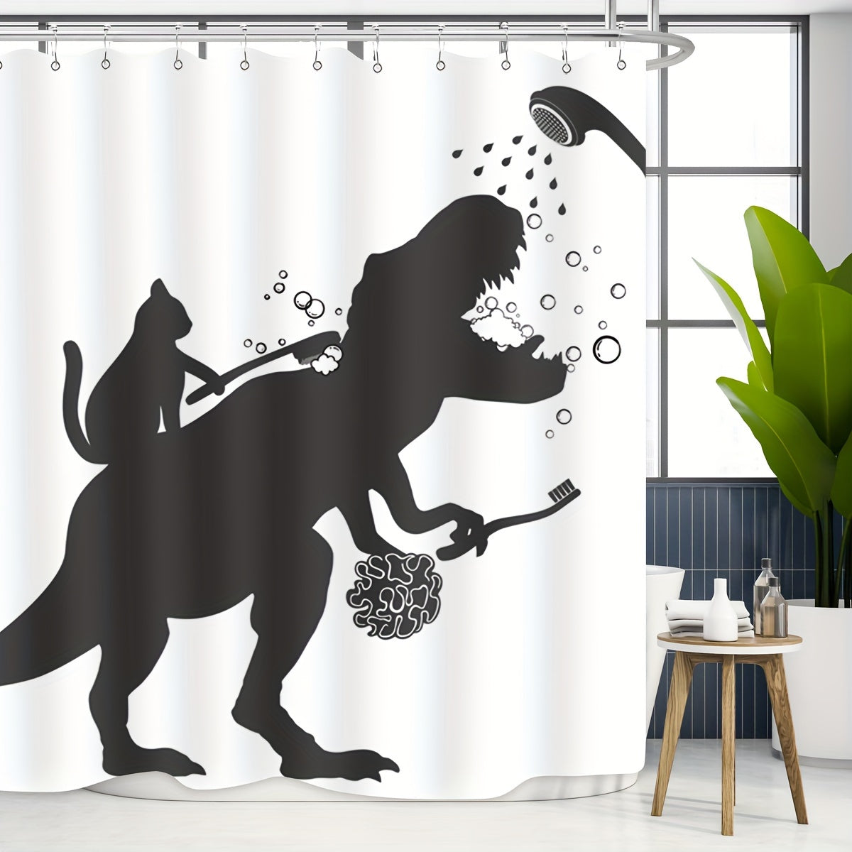 Funny Cat Dinosaur Shower Curtain - Cat Helps T-Rex Bathe Humorous Black White Bathroom Decor, Waterproof Polyester 71x71 Inch with 12 Hooks, Boys Kids Dino Novelty Curtain