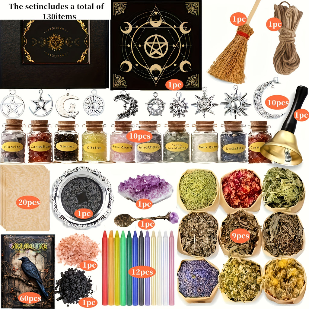 Witchcraft Supplies Kit for Spells – 94 / 130pcs Witch Box with Pink Candles, Wiccan Tools & Beginner Pagan Ritual Set | Halloween