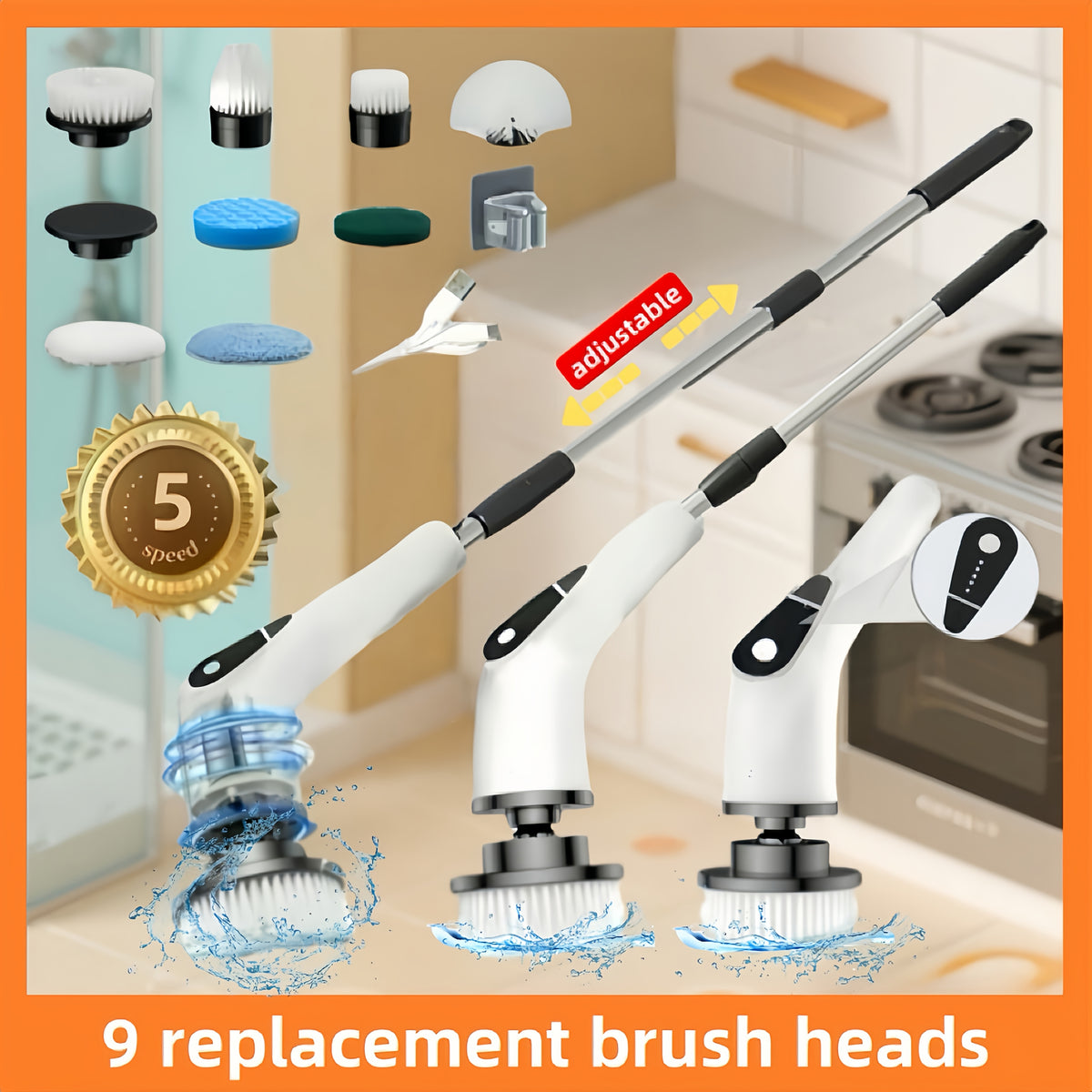 Electric Scrubber Brush with 9 Brush Heads 5 Speeds & 3 Extendable Handles - Power Cleaning Brush for Bathroom, Kitchen, Tiles, Floors & Carpets