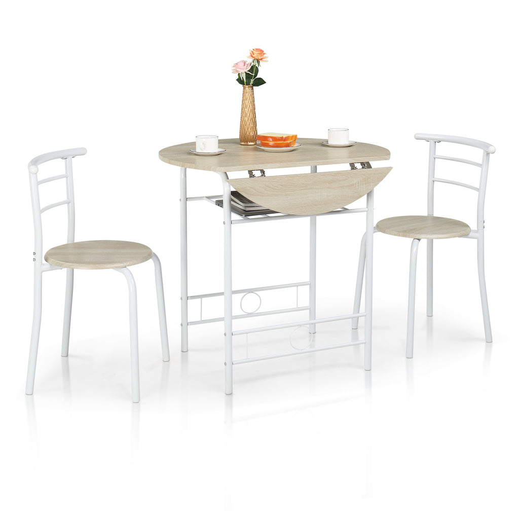 3-Piece Bistro Dining Set Drop Leaf Table and 2 Chairs Space Saving Kitchen Table Set for 2 with Wine Rack Metal Frame for Small Space Apartment Breakfast Nook