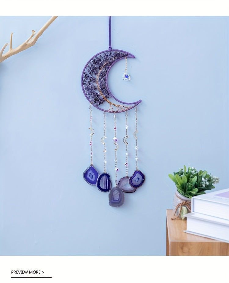 Amethyst Crystal Tree of Life Wall Hanging – Boho Crushed Stone Silk Moon Decor for Living Room, Bedroom & Nursery