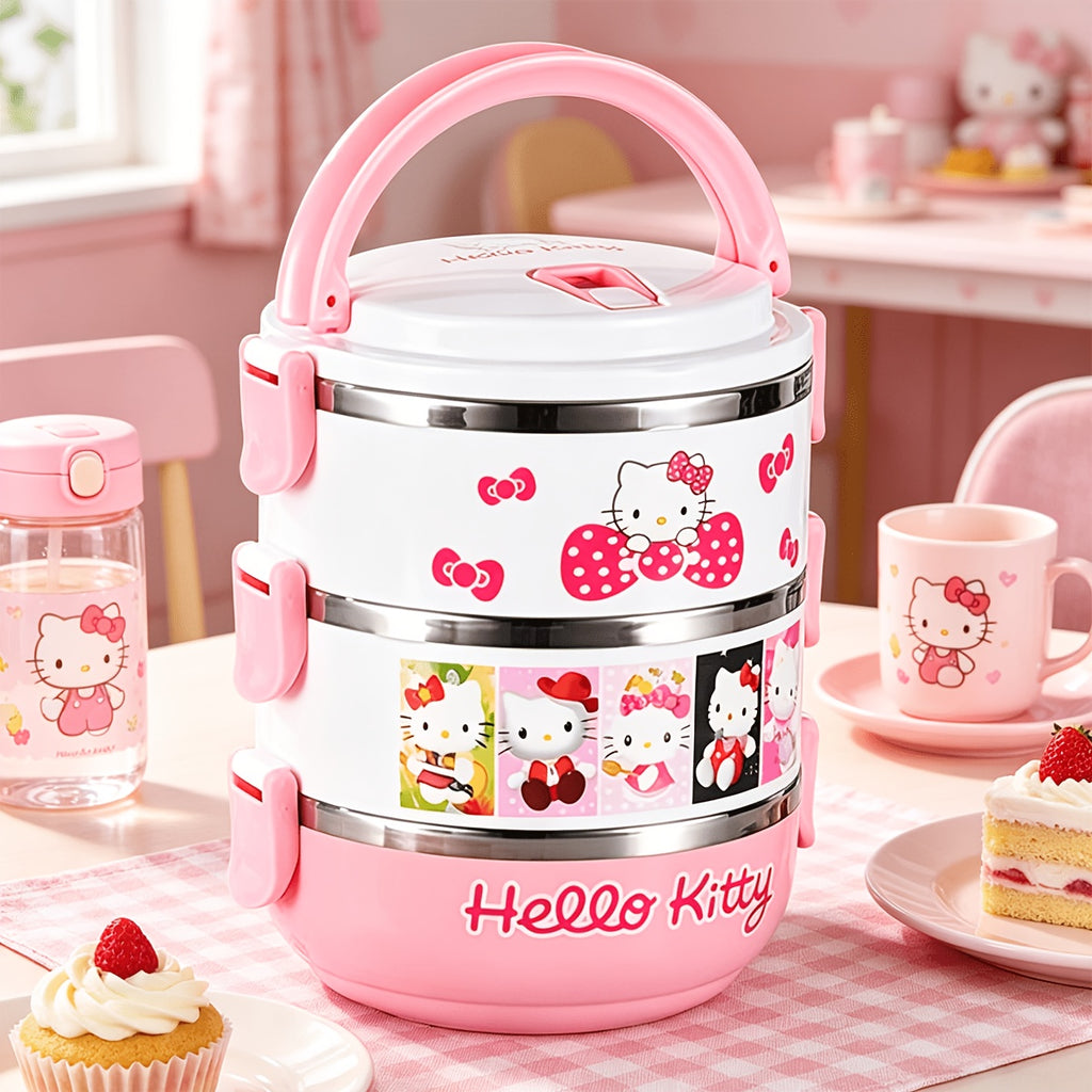 Hello Kitty Stainless Steel Lunch Box Bento Box for Girls - Officially Licensed Sanrio Cute Pink 2-Tier & 3-Layer Portable Lunch Container for School Picnic Kids Women, Food-Safe 304 Steel