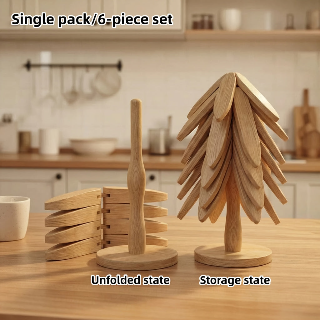 Tree Shaped Trivet Set Foldable Wooden Hot Pot Holder - Decorative Heat Resistant Trivet Mats for Kitchen Counter and Dining Table, Space Saving Stackable Leaf Trivet Set