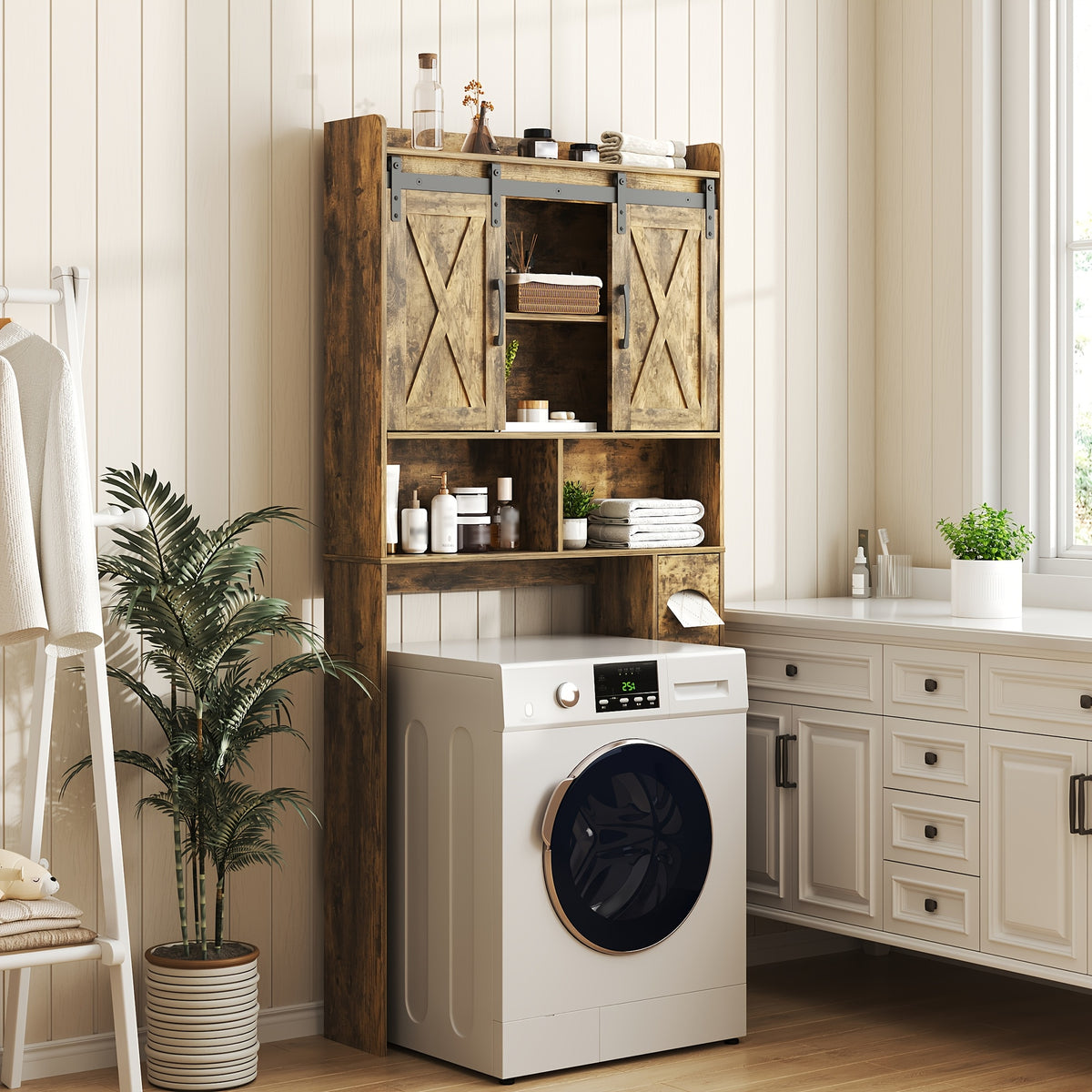 Farmhouse Over Toilet Cabinet with Sliding Doors Engineered Wood Adjustable Shelf Toilet Paper Holder Stand Space Saving Bathroom Storage No Wall Mount Multiple Colors