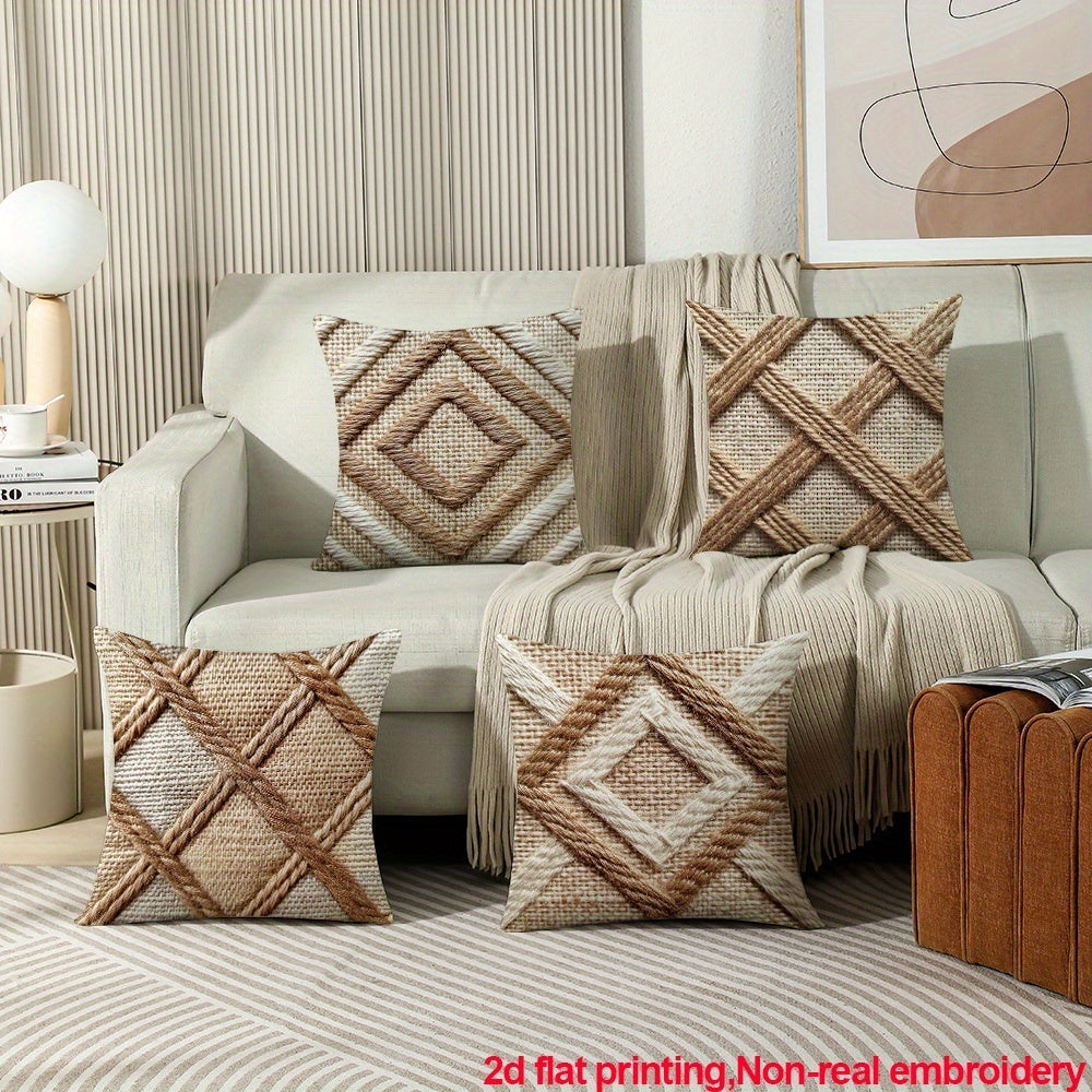 Boho Throw Pillow Cases Set of 4 Geometric Striped Diamond Pattern Decorative Cushion Covers 18x18 Inch for Farmhouse Living Room Bedroom Couch Sofa