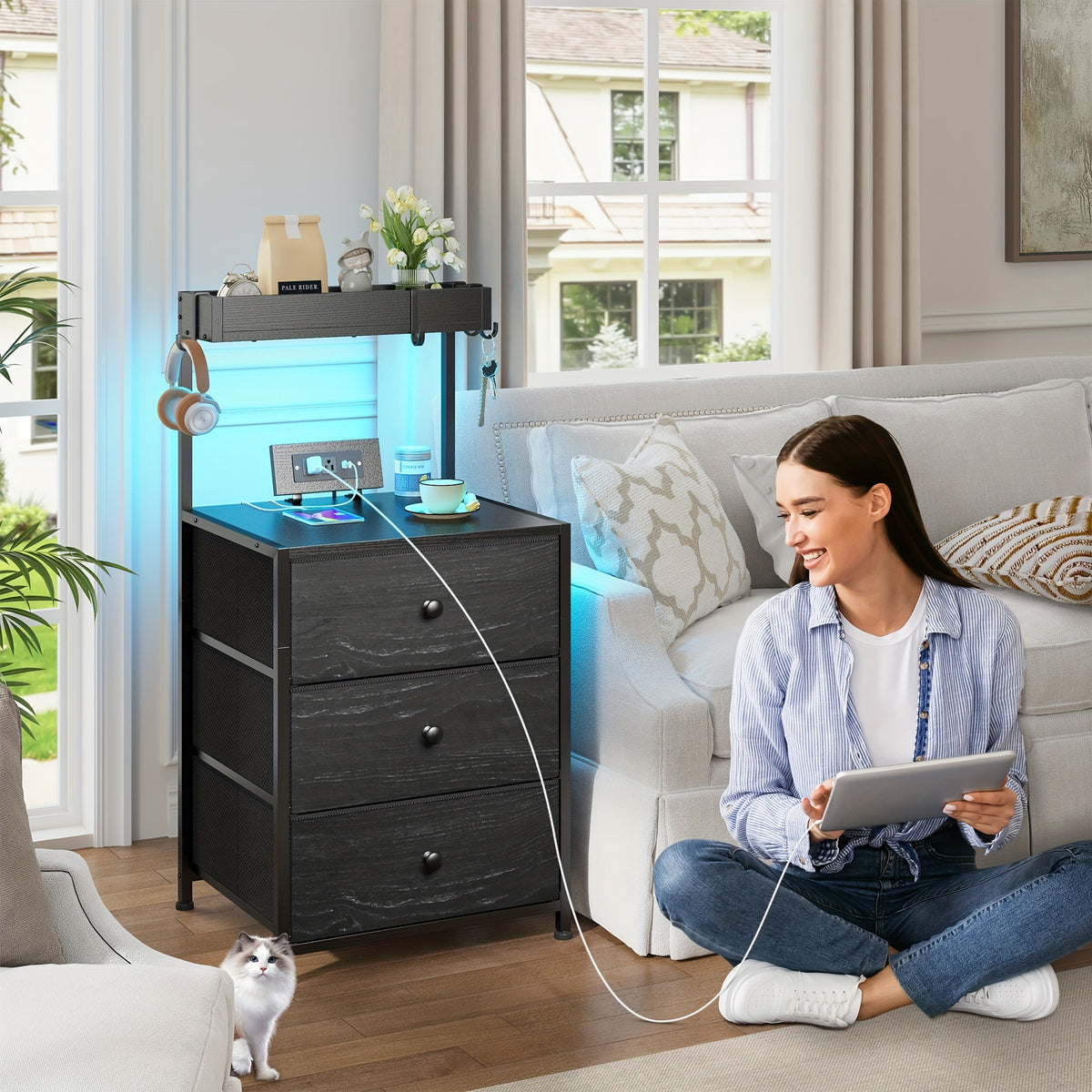 Tall Nightstand with Charging Station & LED Lights – 3 Drawers, Shelves, USB Ports, Outlets & 4 Hooks | Bedside Table for Bedroom