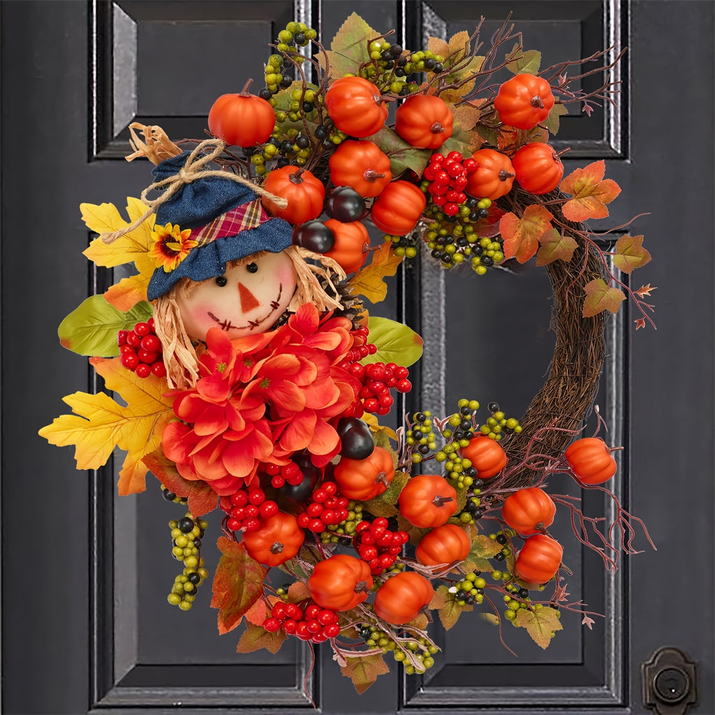 Fall Thanksgiving Wreath Decor – Pumpkin Leaves Floral Doll Autumn Wreath for Front Door, Indoor & Outdoor Walls, Windows, Family & Holiday Party, Christmas Winter Home Decor