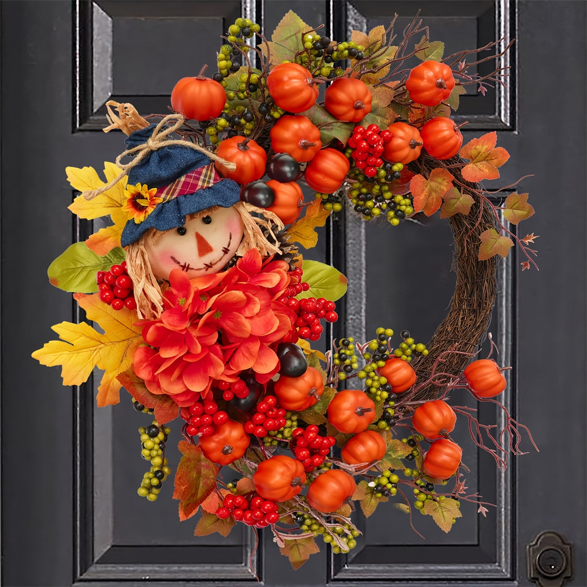 Fall Thanksgiving Wreath Decor – Pumpkin Leaves Floral Doll Autumn Wreath for Front Door, Indoor & Outdoor Walls, Windows, Family & Holiday Party, Christmas Winter Home Decor