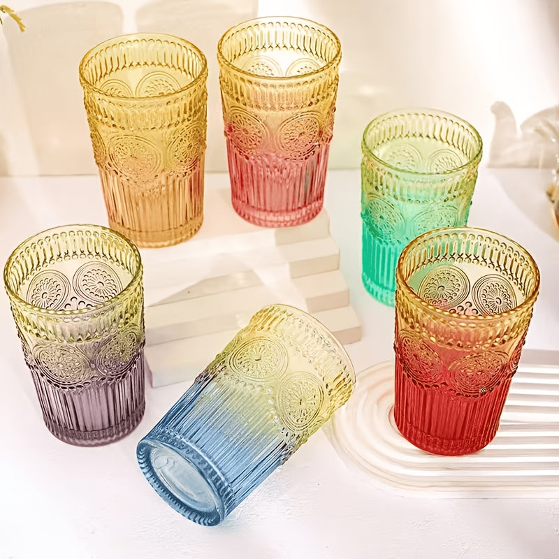 Retro Colored Whiskey Glasses Set of 6 – 14oz Embossed Colorful Tumblers for Whiskey, Cocktails, Juice, Water & Beer – Vintage Muted Glass Drinkware