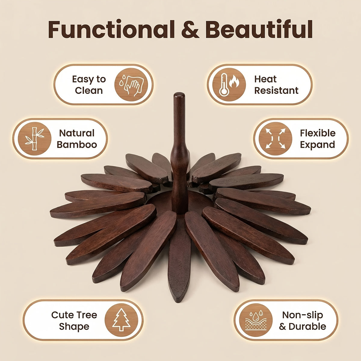 Tree Shaped Trivet Set Foldable Wooden Hot Pot Holder - Decorative Heat Resistant Trivet Mats for Kitchen Counter and Dining Table, Space Saving Stackable Leaf Trivet Set