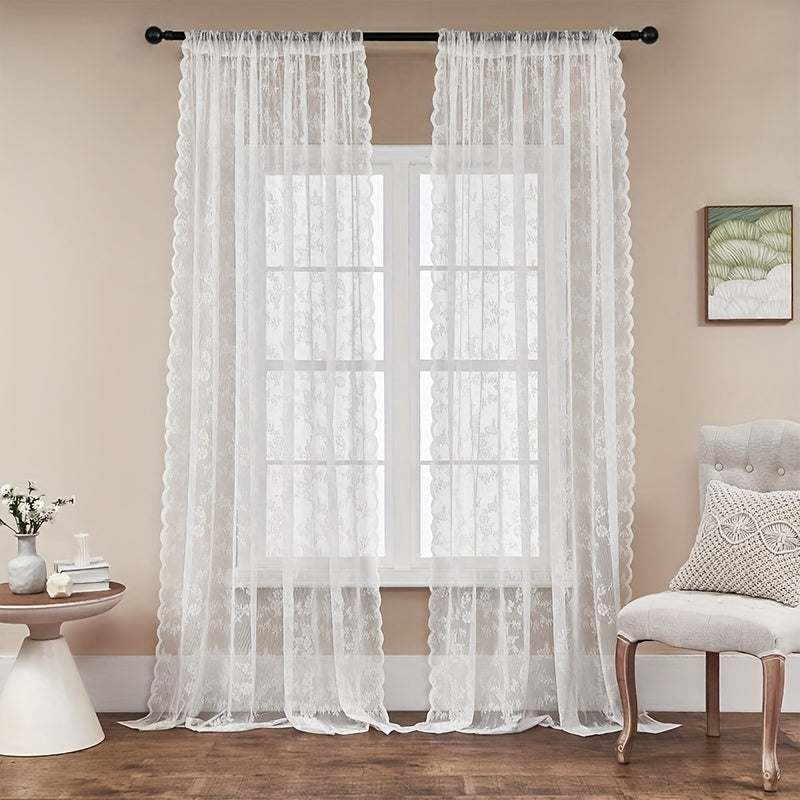 Boho Floral Lace Curtain Panels Set of 2 – Semi-Sheer Light Filtering, Rod Pocket, Pastoral Vintage Style for Bedroom Living Room Kitchen, 6 Sizes 4 Colors
