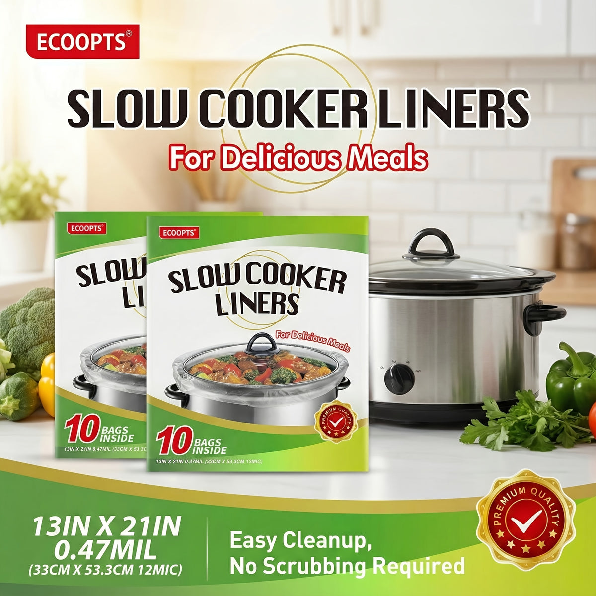 Slow Cooker Liners Disposable Cooking Bags 13x21 In, 20 Pack – Fits 3-8 Quart Oval & Round Pots 4QT to 8.5QT, No-Scrub Easy Cleanup Kitchen Bag