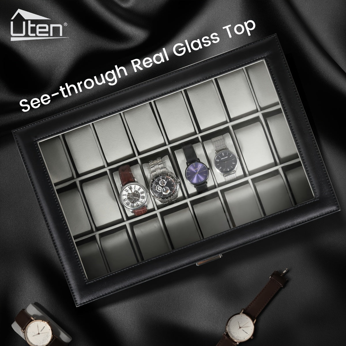24-Slot Watch Box Organizer with Large Glass Lid & Key Lock, Faux Leather Watch Display Case for Men & Women, Tabletop Jewelry Storage Box for Watches, Wristwatch Collection Gift