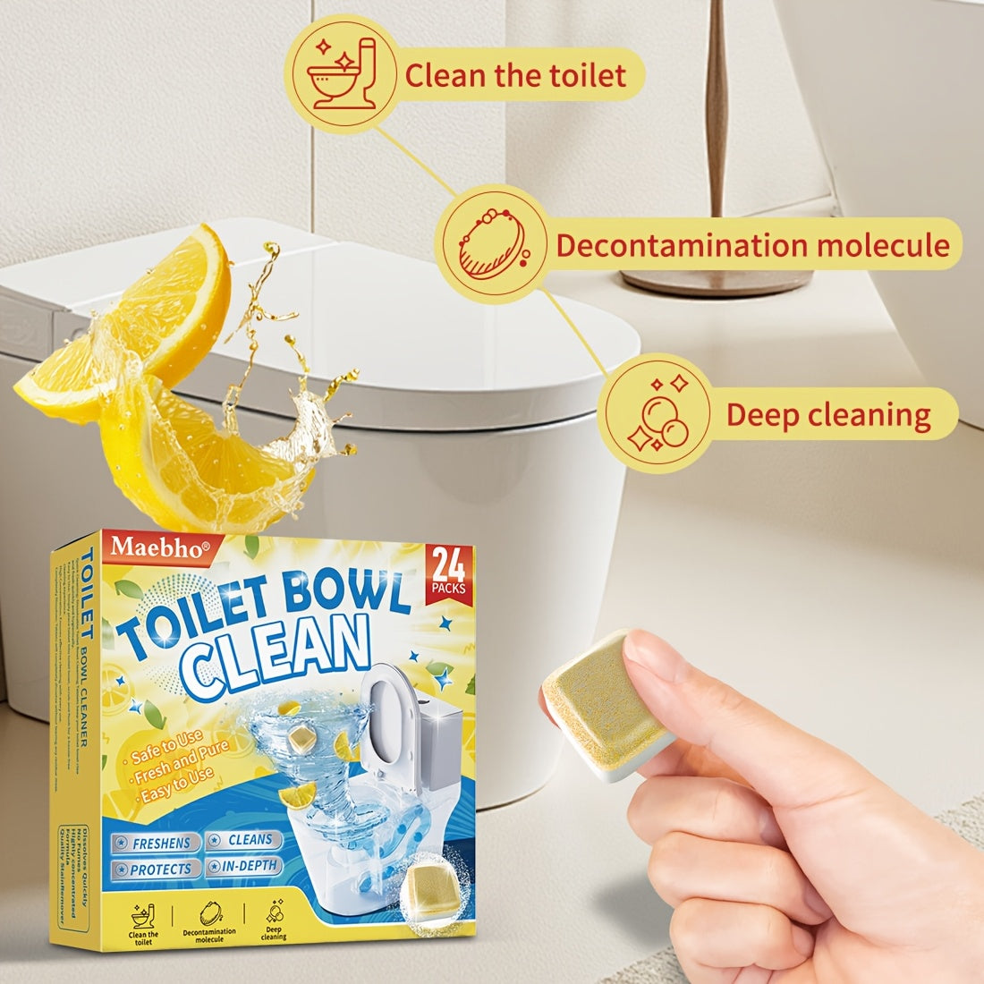 Lemon Toilet Effervescent Cleaning Tablets – Stubborn Stain Remover & Deodorizer, 12pc Cleaning Blocks or 24pc Bubble Tablets