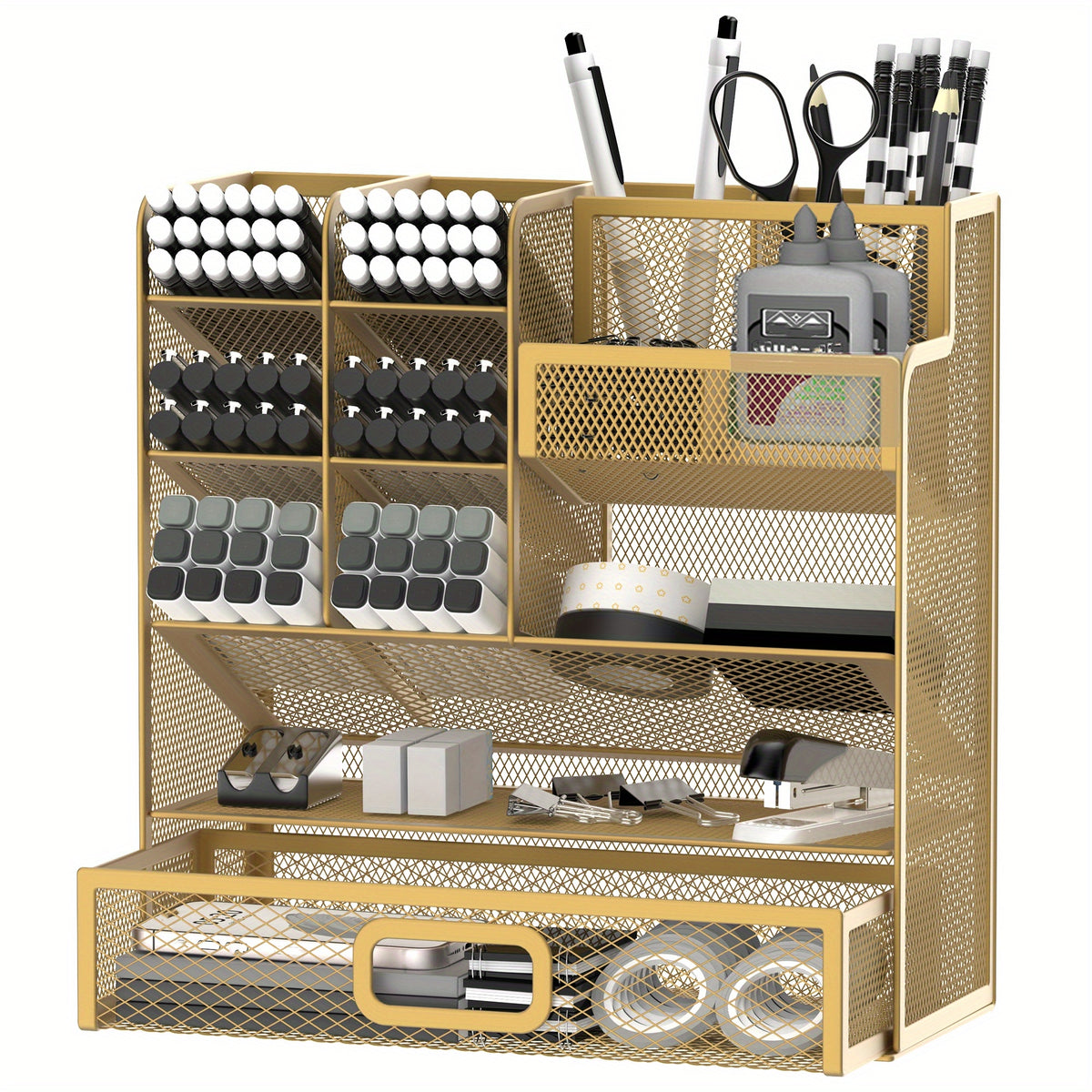 Mesh Desk Organizer with Drawer & Pen Holder – Multifunctional Desktop Organizer for Office Art Supplies, Accessories Storage, Desk Caddy for Home Office School Workspace
