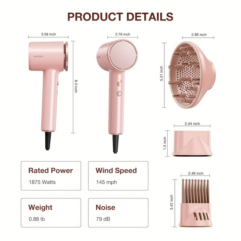 1875W Ionic Hair Dryer with Diffuser for Curly Hair – Quick-Drying Professional Blow Dryer, Foldable Lightweight Travel Hair Dryer for Women & Men, Leakage-Protected US Plug, Pink