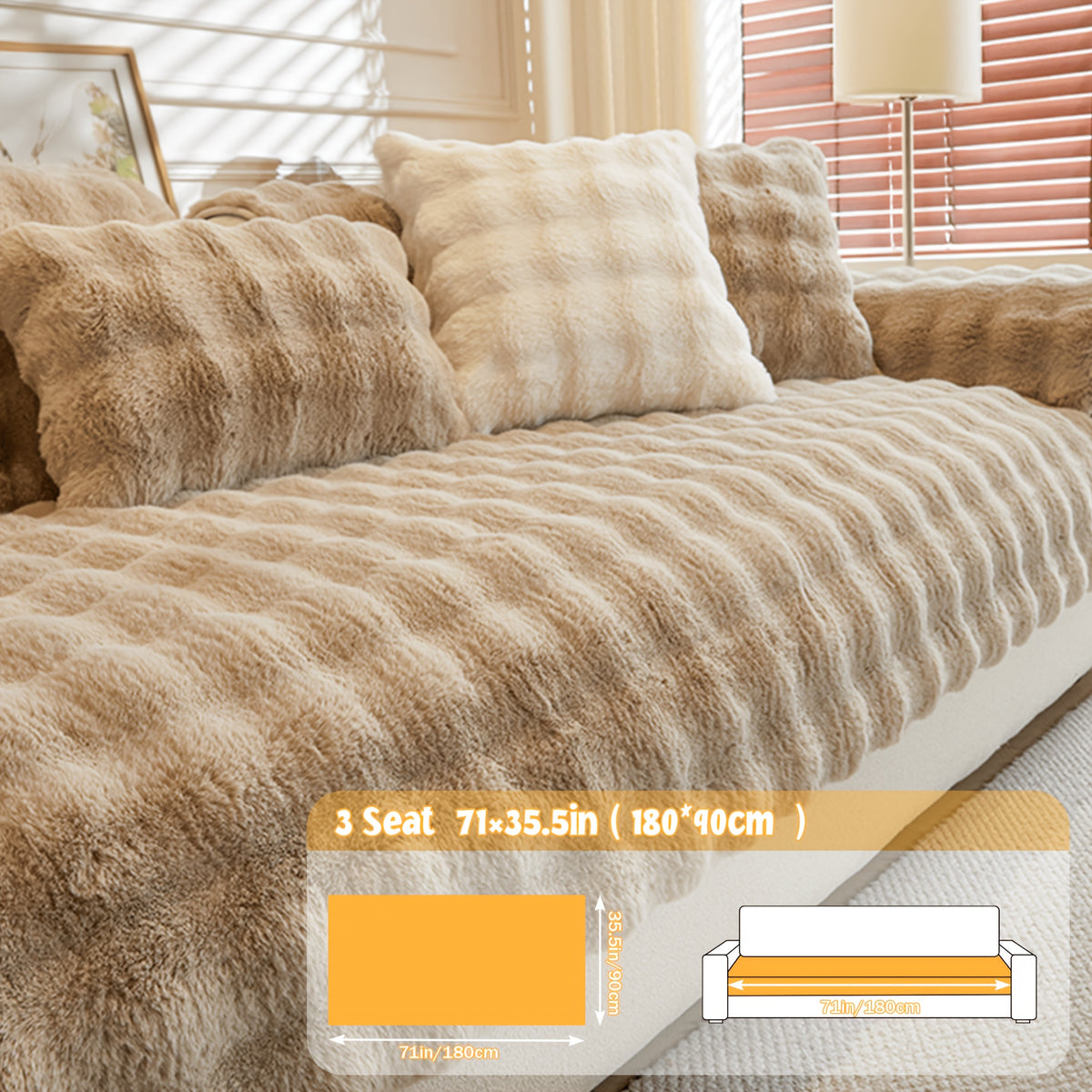 Faux Rabbit Fur Sofa Cover Non-Slip Stretchable Slipcover 3/4 Seat Bubble Soft Couch Protector – Breathable, Machine Washable, Fits Living Room, Bed & Dorm, Warm Home Decor Furniture Cover